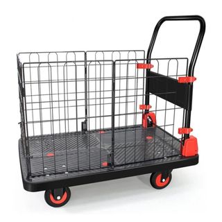 A folding hand truck cage on wheels