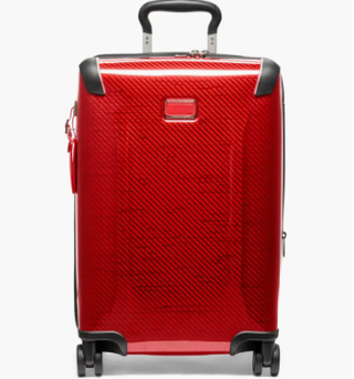 Tumi rolling luggage in red.