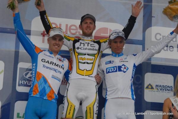 Tyler Farrar (Garmin-Transitions), Matthew Goss (HTC-Columbia) and Yoann Offredo (FDJ) on the podium