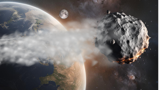 An illustration of the asteroid PT5 as it leaves Earth after a stint as our "second moon."