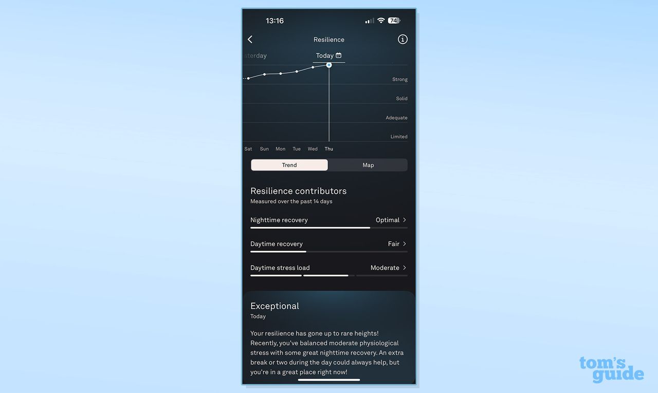 Stress Resilience tool used on Oura Ring 4 app blue background