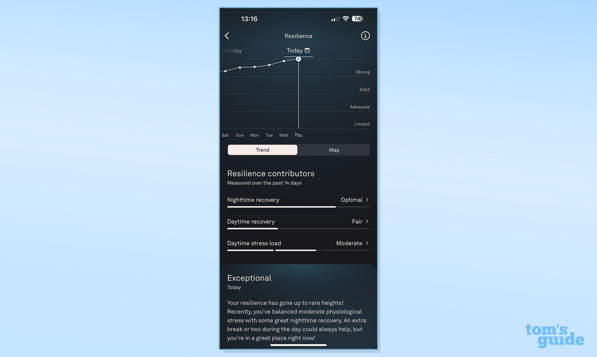 Stress Resilience tool used on Oura Ring 4 app blue background