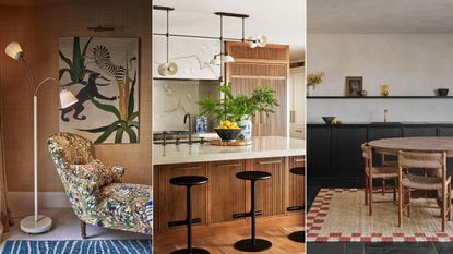 A cozy living room with a chaise and floor lamp, an organic modern kitchen with a marble island, and a neutral dining room with black cabinetry