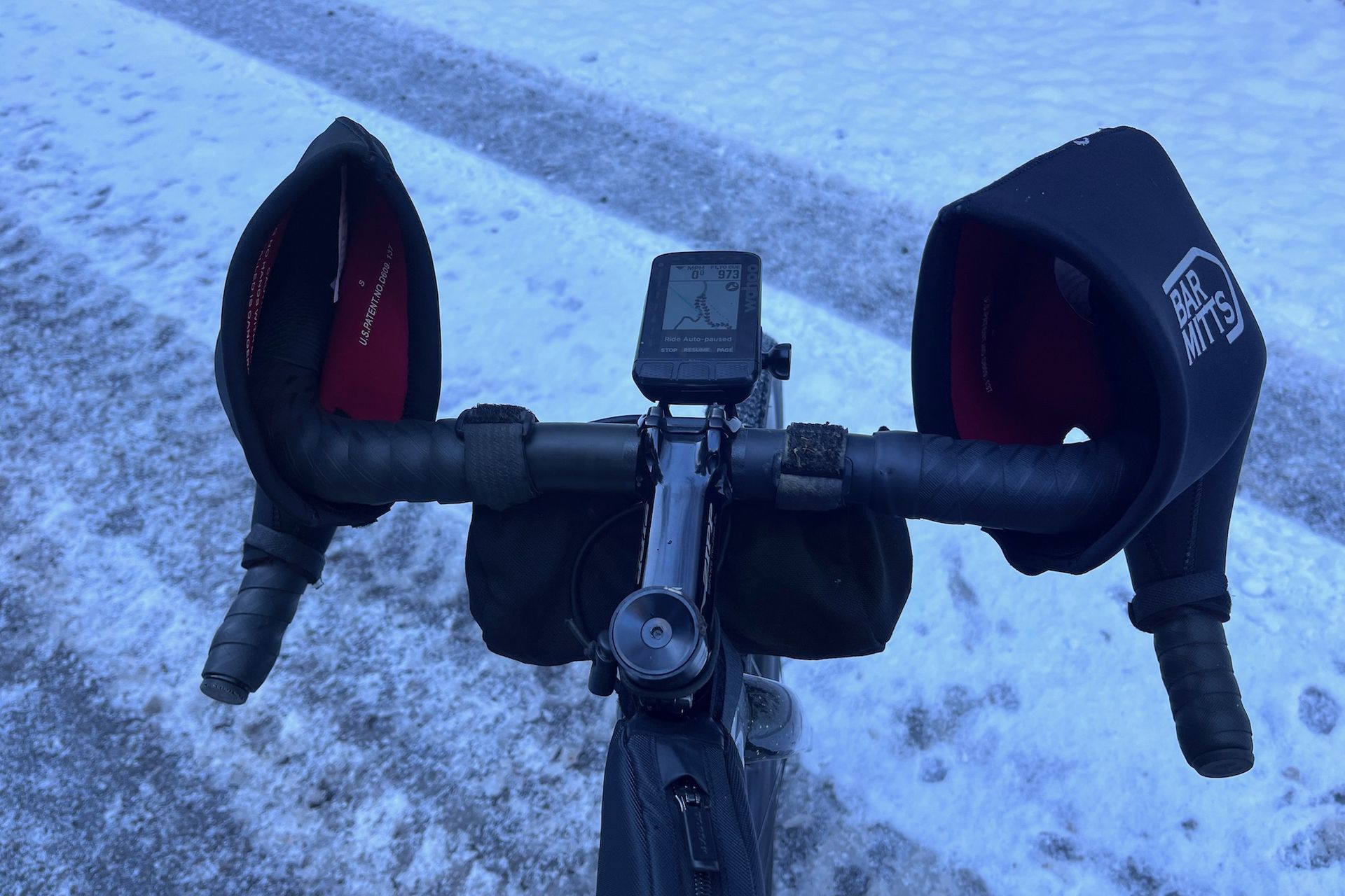Image shows Bar Mitts attached to a bike