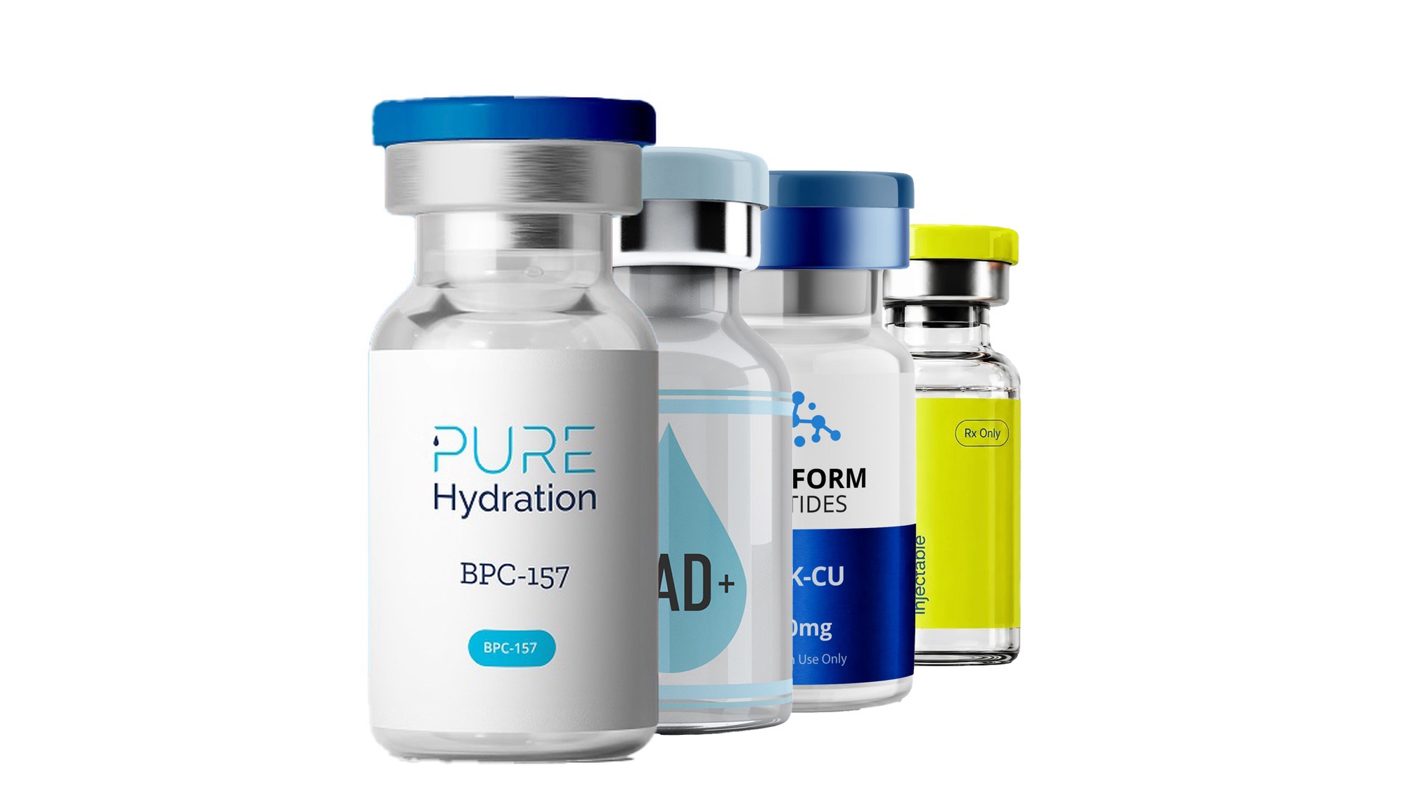 Four small vials of injectable peptides.