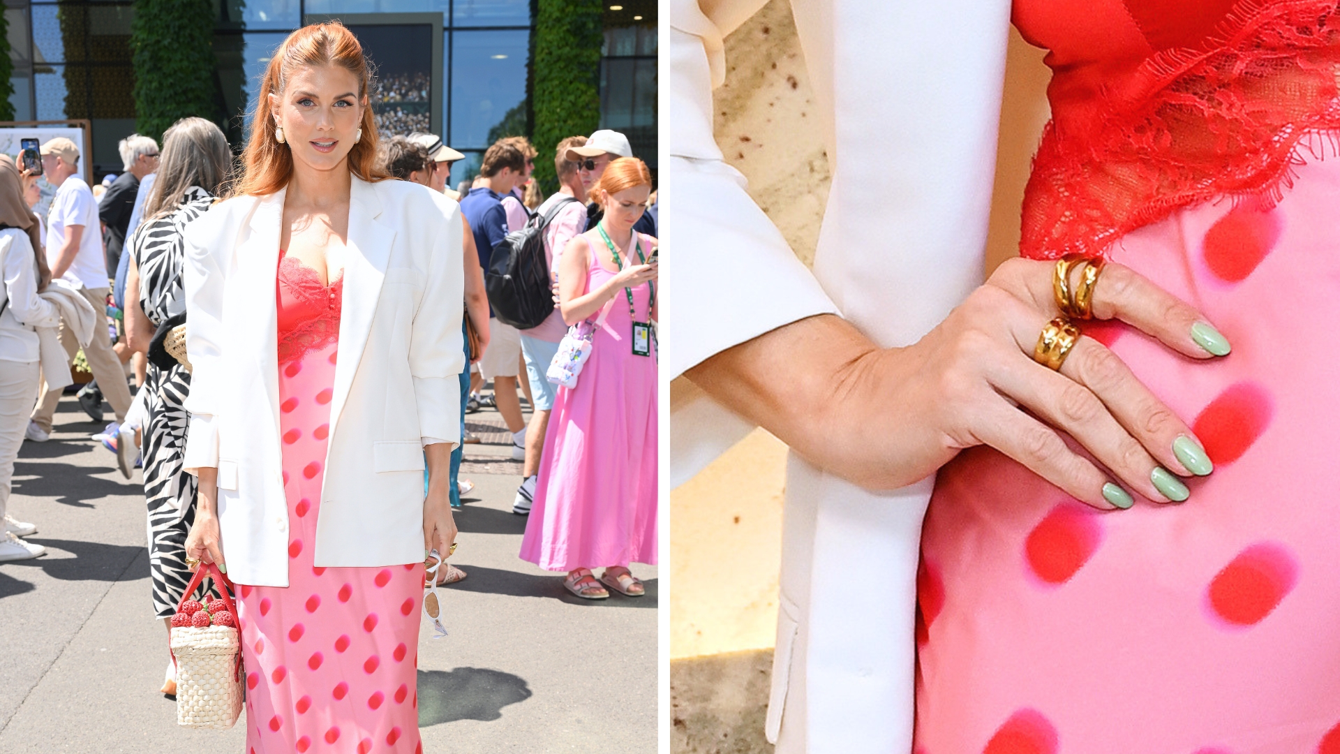 Ashley James pictured at Wimbledon 2026 wearing a pink and red polka dot dress and white blazer (L) close up picture of her cucumber green nails