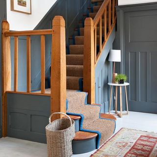 wooden staircase with dark grey painted panelling