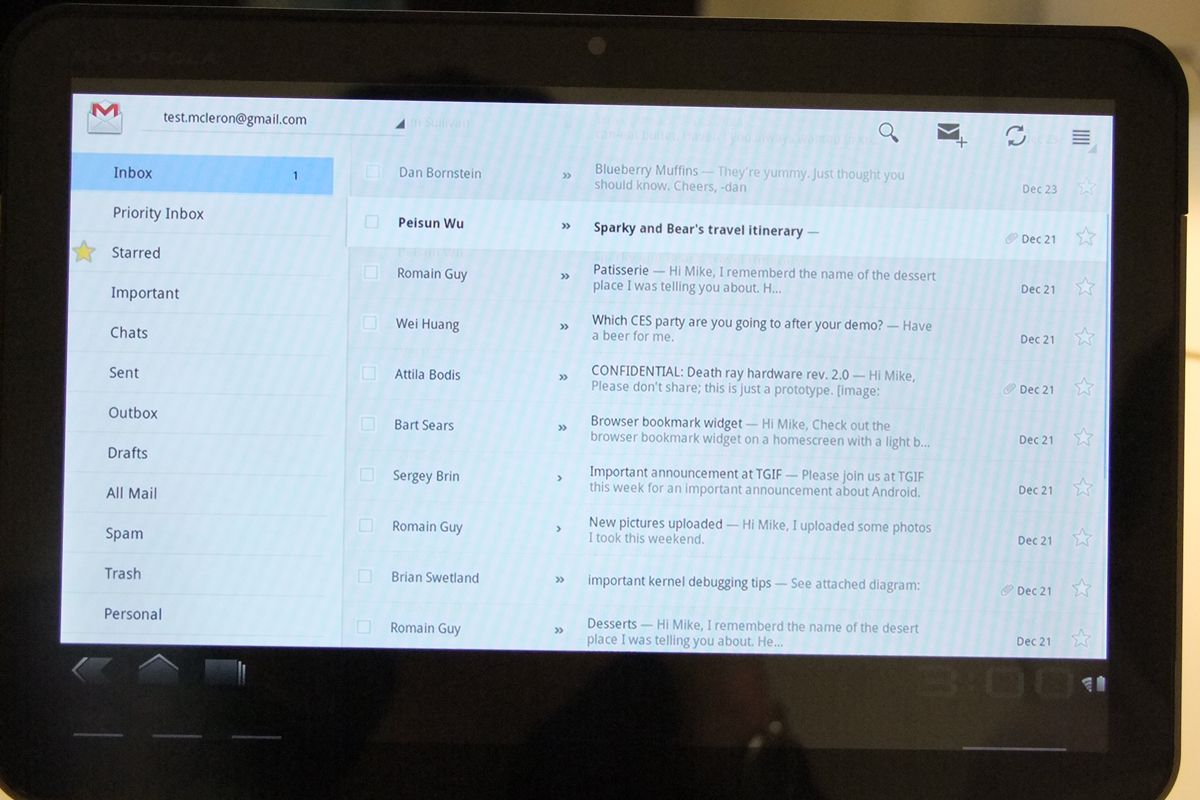 GMail in in Android 3.0 Honeycomb on the Motorola Xoom