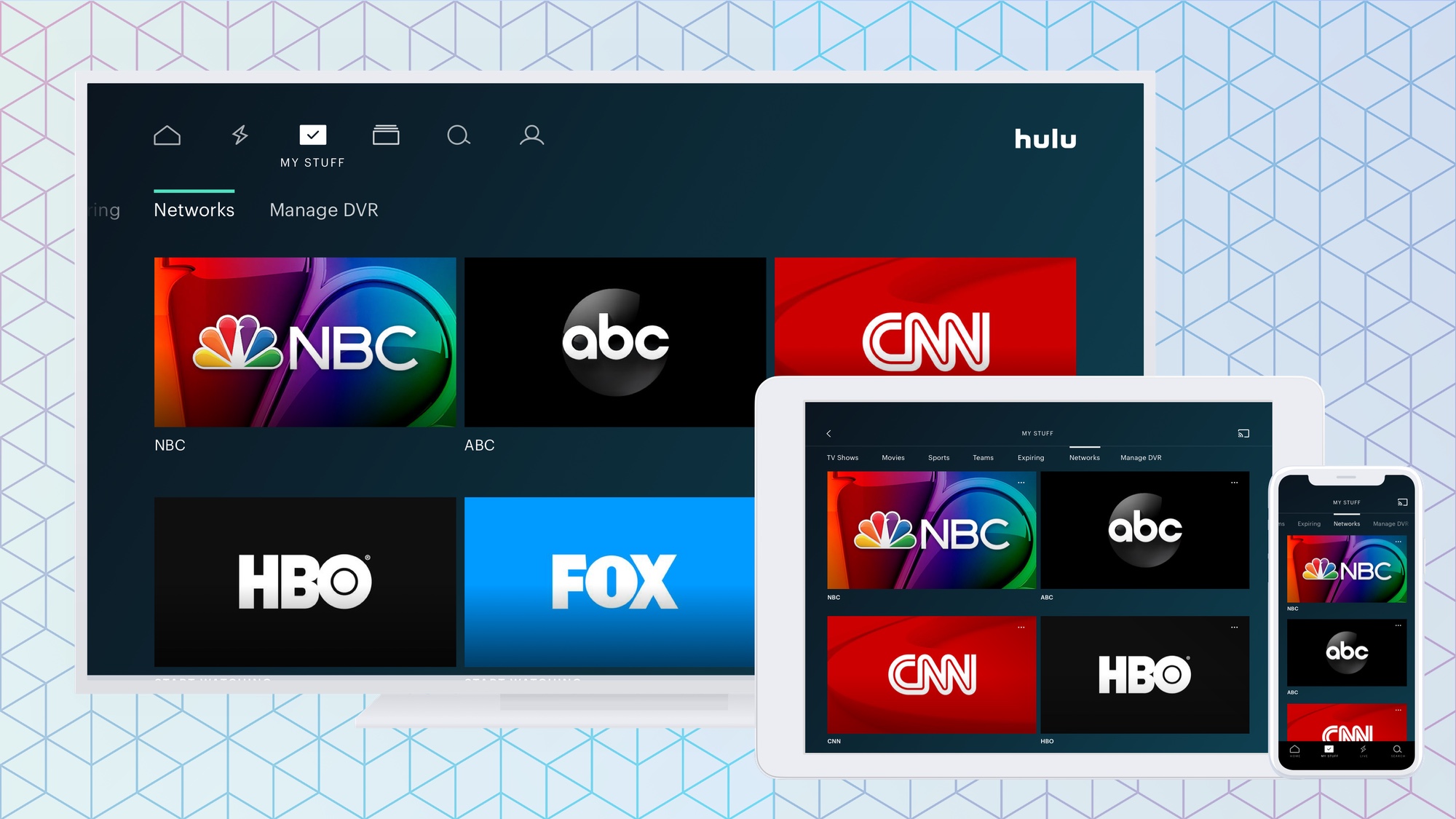 Hulu with Live TV shown on a TV, a tablet and a phone