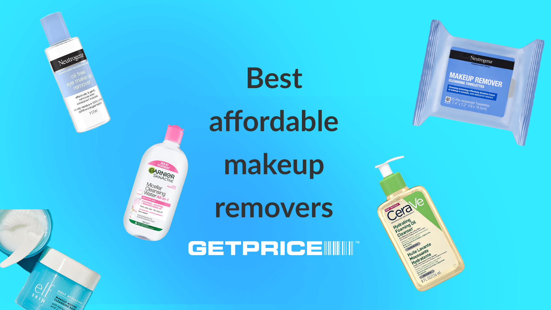 Blue background with black writing in the middle that says Best affordable makeup removers with scattered images of products