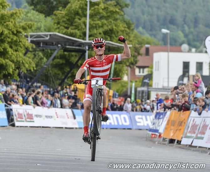 Simon Andreassen (Denmark) wins the junior men's crosss country in Albstadt
