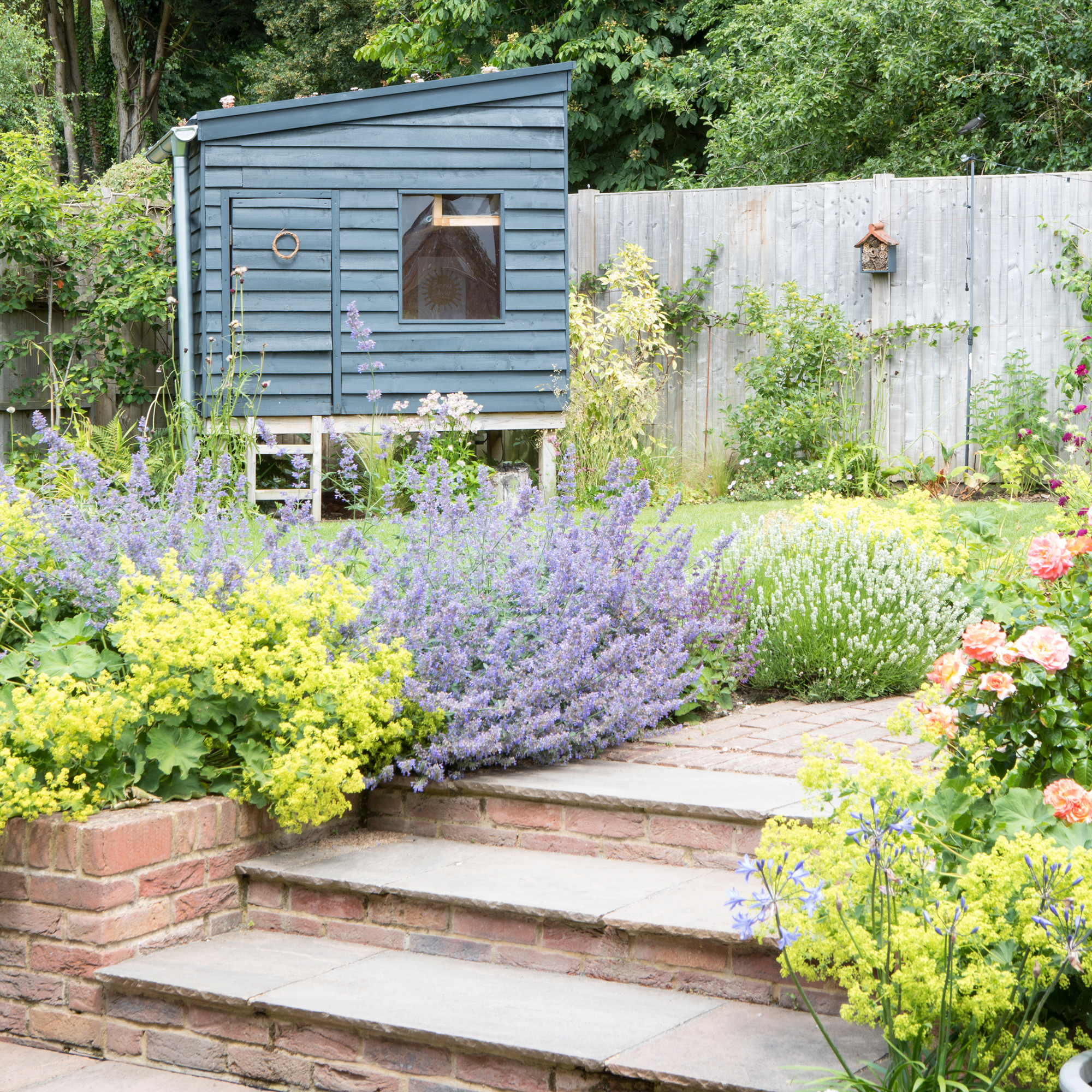 country cottage garden with plenty of planting including lavender and steps up to a wooden playhouse