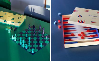Two images. Left, a blue and green chess set on a table. Right, a red and blue backgammon set on a table.