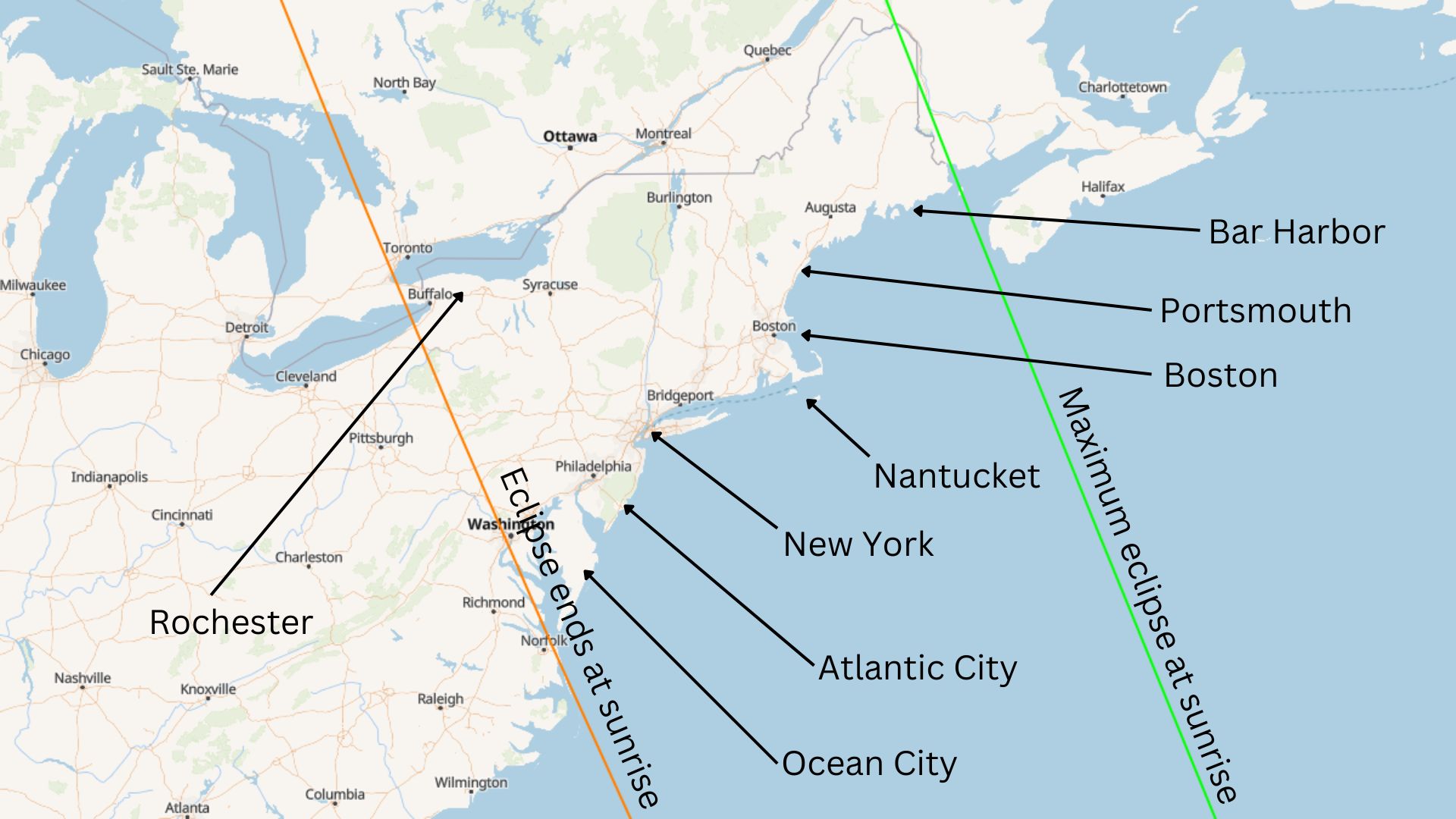 map showing the path of the partial solar eclipse and where it is visible through northeastern America.