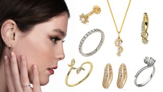 best jewelry online to shop includes Lark and Berry, composite image of model wearing Lark and Berry and cut outs of Lark and Berry pieces