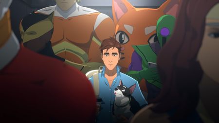 A screenshot of the main character and the dog Beef from the game Dispatch
