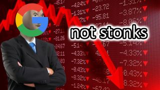 The 'not stonks' internet meme, featuring stock art of an unhappy businessman with the Google logo superimposed over his face while a large red line graph descends in the background.