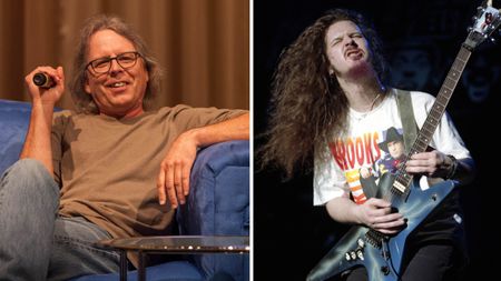 [Left] Acclaimed producer Terry Date reclines on a blue couch as he speaks at an industry convention; [right] The late Pantera guitarist Dimebag Darrell, holds a note and feels it. He is wearing a white Garth Brooks T-shirt and plays his blue lightning finish Dean ML electric guitar.