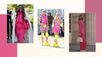 demonstrating what is barbiecore:2 women in hot pink and 1 picture of Ryan Gosling and Margot Robbie dressed up as Barbie and Ken for filming