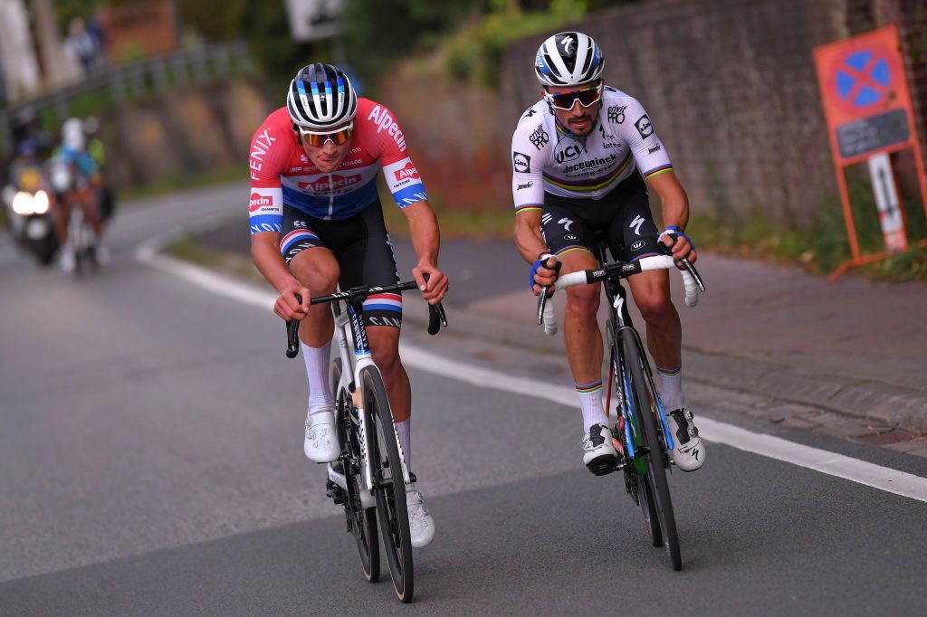OVERIJSE BELGIUM OCTOBER 07 Mathieu Van Der Poel of Netherlands and Team AlpecinFenix Julian Alaphilippe of France and Team Deceuninck QuickStep Breakaway during the 60th Brabantse Pijl 2020 Men Elite a 197km race from Leuven to OverijseSchavei 106m La Flche Brabanonne BP20 on October 07 2020 in Overijse Belgium Photo by Luc ClaessenGetty Images