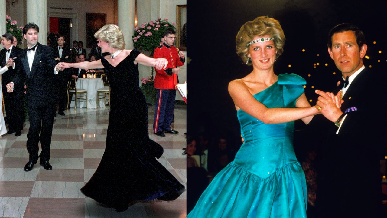 Princess Diana dancing with John Travolta in a long navy velvet gown next to a photo of her dancing in a teal dress with Prince Charles