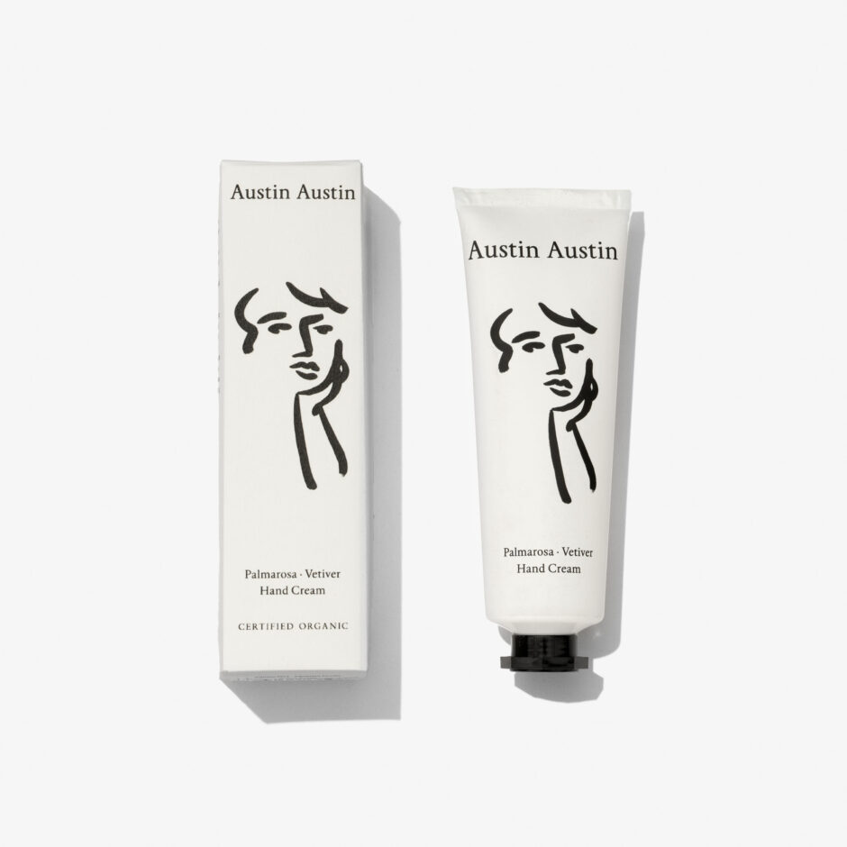 Austin Austin Palmarosa &amp;amp; Vetiver Hand Cream box and bottle against white background.