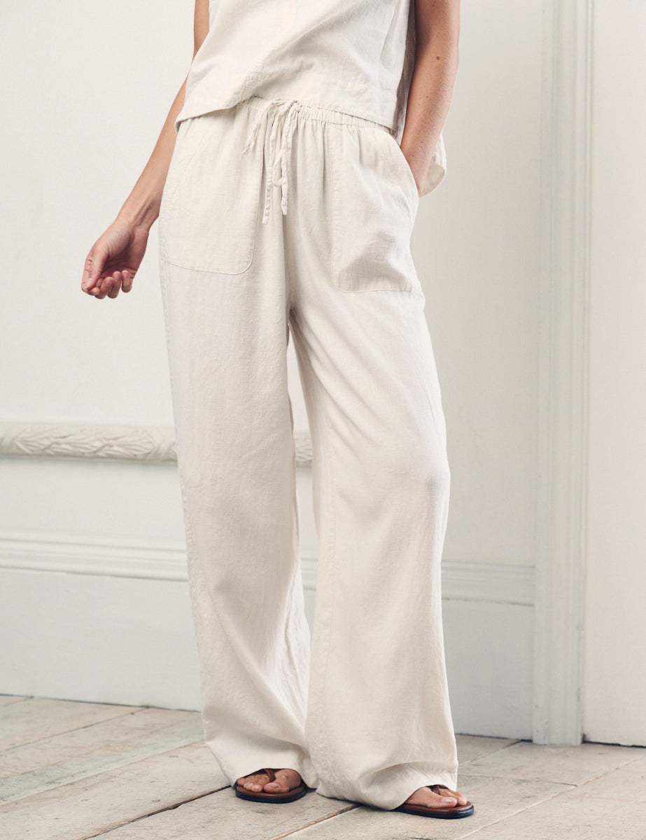 Cream Linen-Blend Wide Leg Shona Trousers