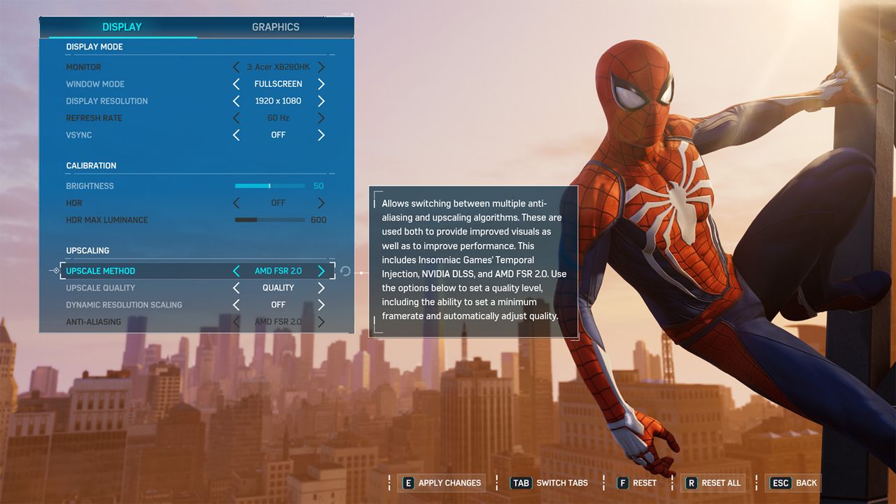 Spider-Man Remastered settings