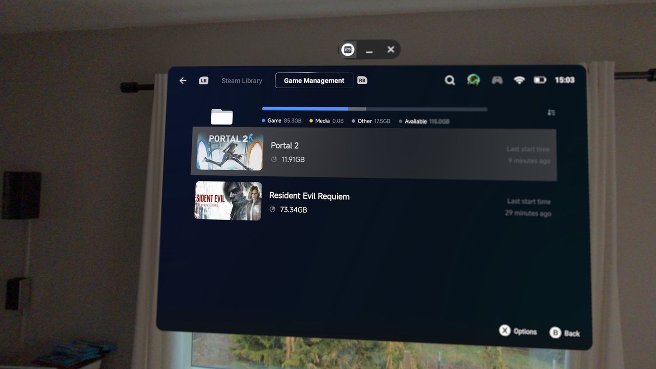 Playing Steam games with the GameHub app, running in Android XR on a Samsung Galaxy XR headset