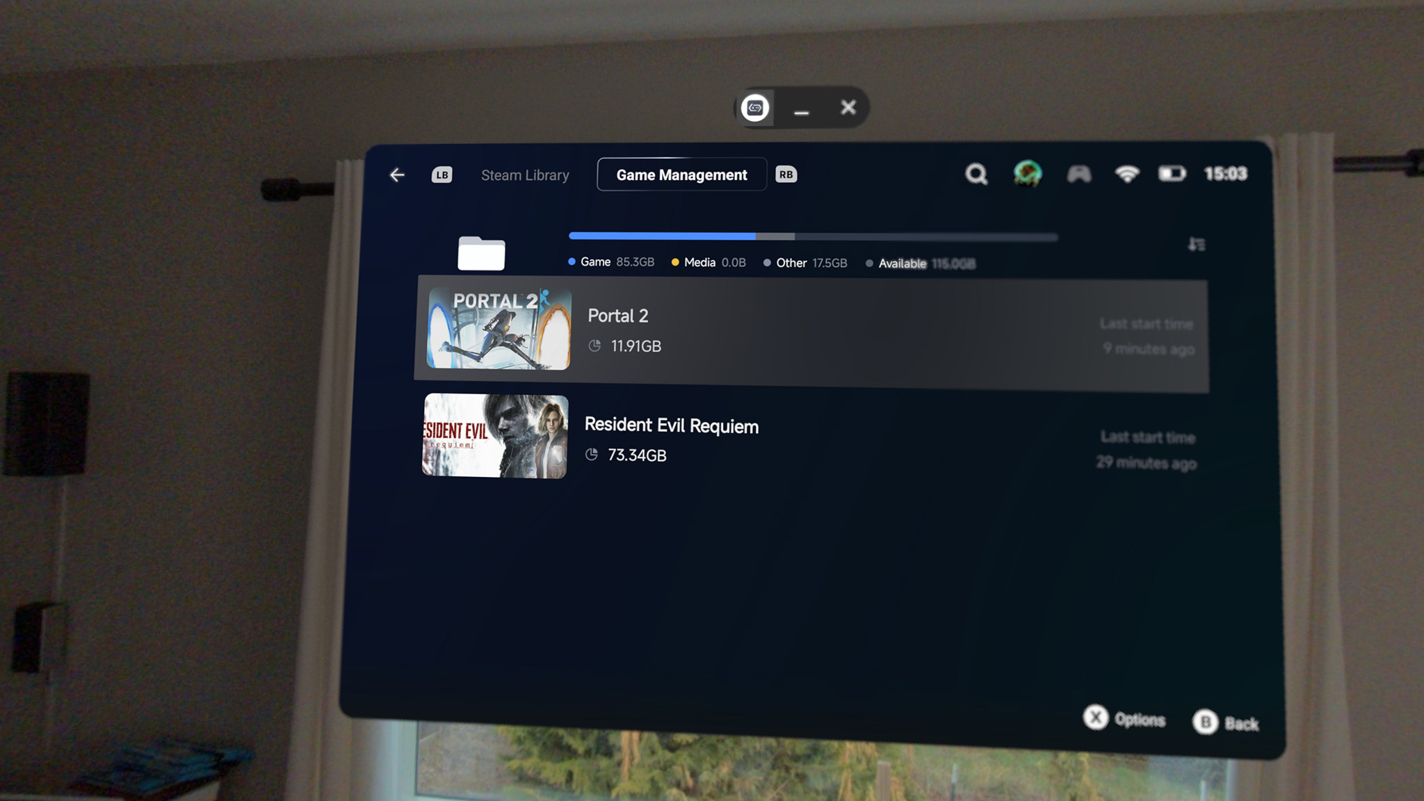 Playing Steam games with the GameHub app, running in Android XR on a Samsung Galaxy XR headset