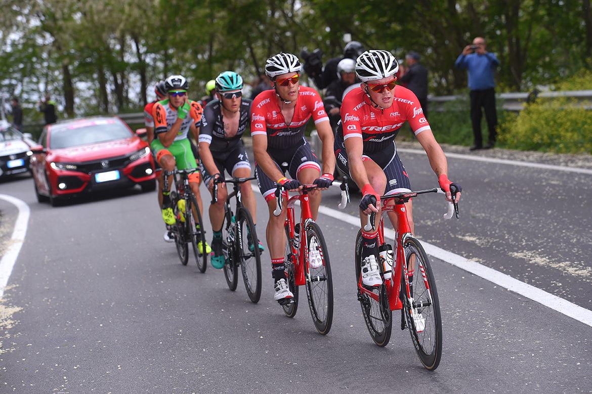 Trek's Mads Pedersen and Jasper Stuyven made the breakaway with Lukas Postlberger (Bora-Hansgrohe), and Simone Andreaetta (Bardiani)