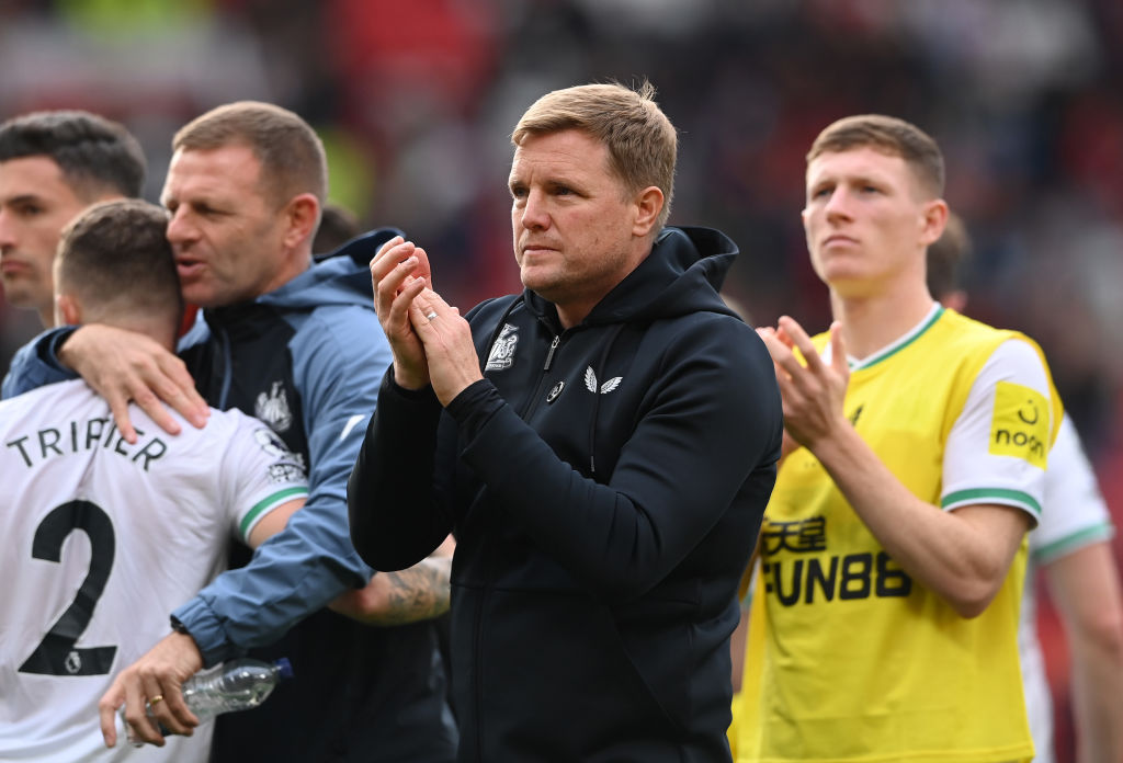 Newcastle United manager Eddie Howe cheering the fans after the Premier League match between Manchester United and Newcastle United at Old Trafford on October 16, 2022