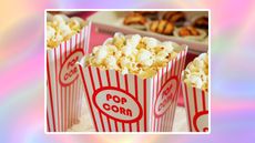 A pink and purple background with a picture of popcorn and snacks