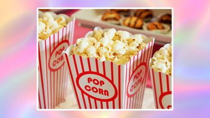A pink and purple background with a picture of popcorn and snacks