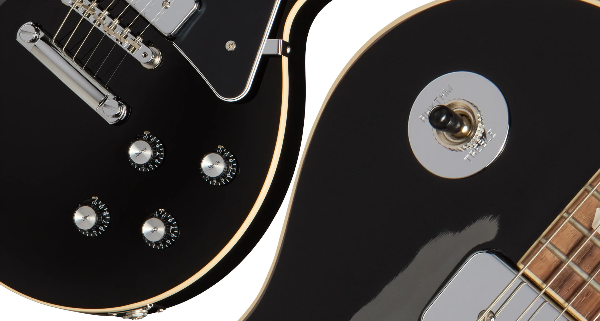 Gibson Noel Gallagher Les Paul Standard: By popular demand, the Oasis guitarist's signature custom LP is added to the mainline range, featuring the same dual P-90 configuration and the distinctive Ebony finish with the nickel poker chip switch washer.