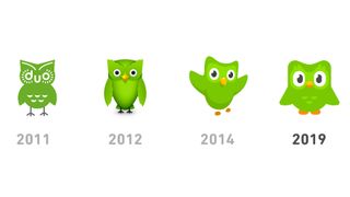 Four iterations of the Duolingo mascot from 2011 to 2019