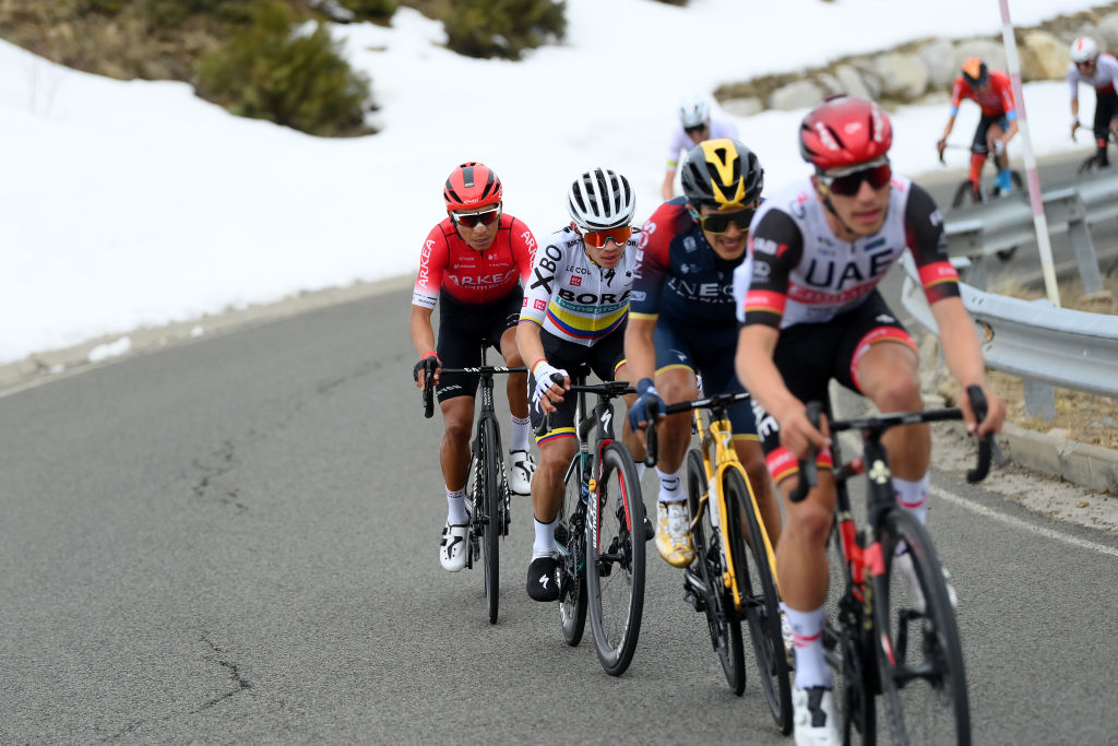 BO TALL SPAIN MARCH 24 LR Nairo Alexander Quintana Rojas of Colombia and Team Arka Samsic and Sergio Andres Higuita Garcia of Colombia and Team Bora Hansgrohe compete in the breakaway during the 101st Volta Ciclista a Catalunya 2022 Stage 4 a 1665km stage from La Seu dUrgell to Bo Tall 2015m VoltaCatalunya101 WorldTour on March 24 2022 in Bo Tall Spain Photo by David RamosGetty Images