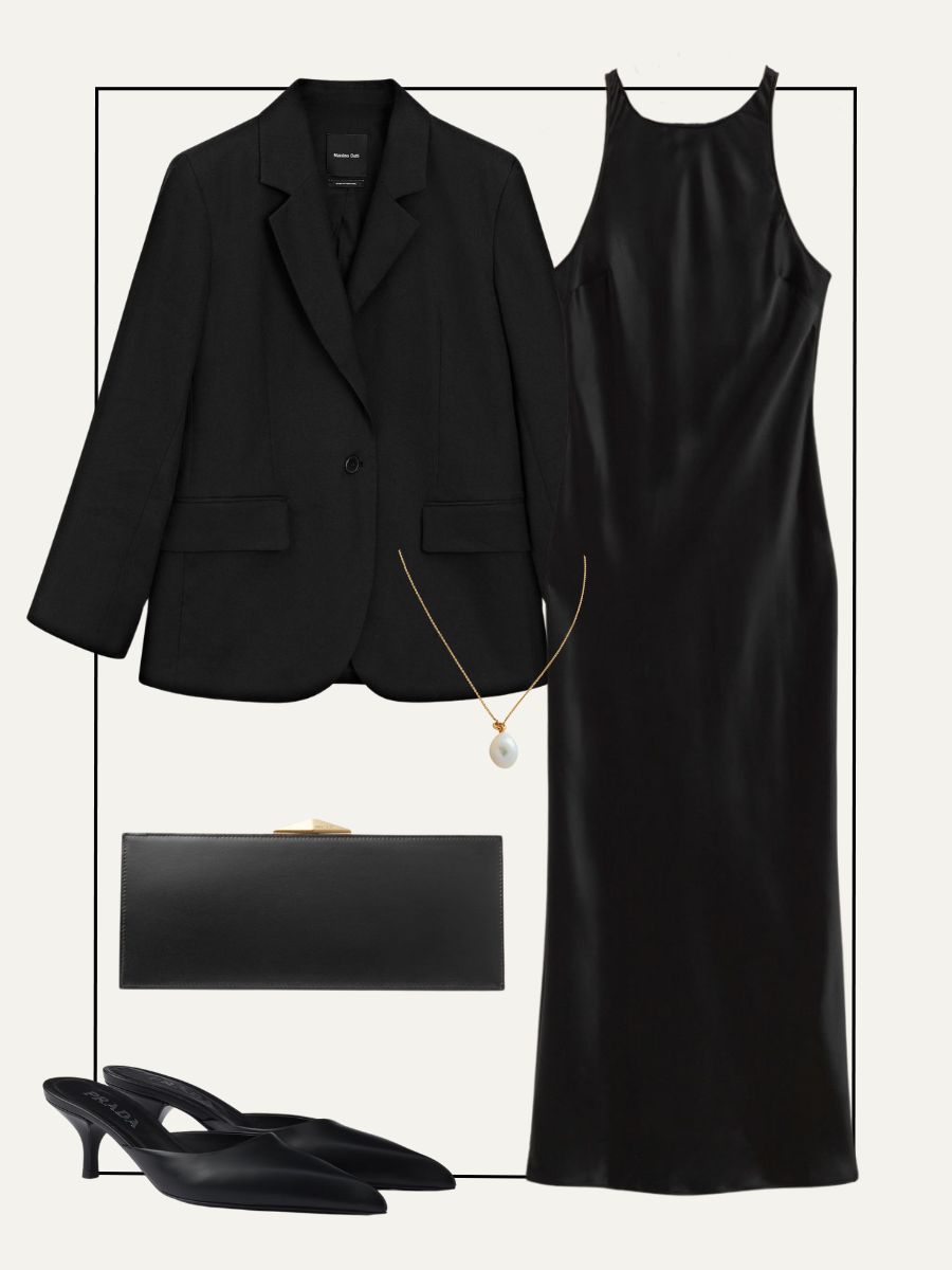 Massimo Dutti blazer, 
Other Stories dress, Prada mules, Jimmy Choo clutch, Monica Vinader necklace