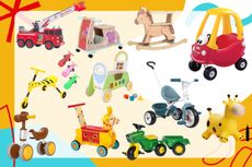 collage of ride-on toys including Cozy Coupe, balance bike, wooden rocking horse and more