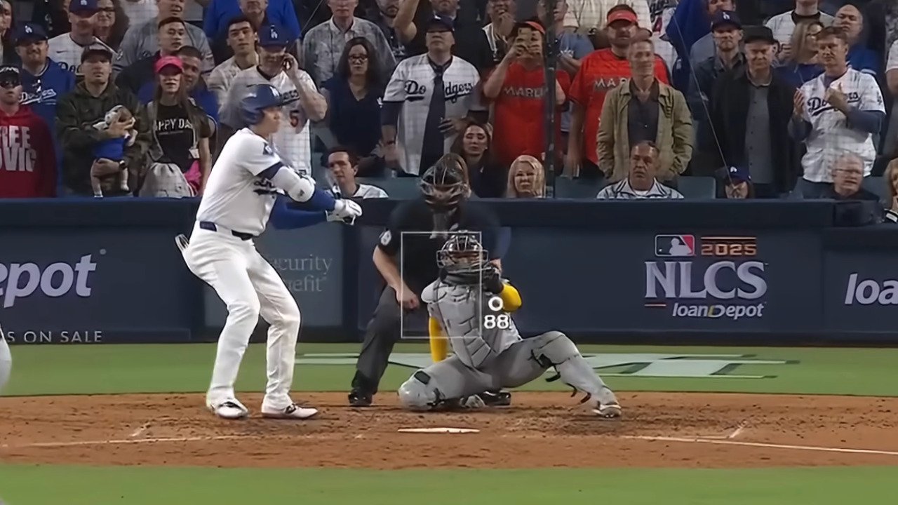 Shohei Ohtani takes a pitch outside during the NLCS.