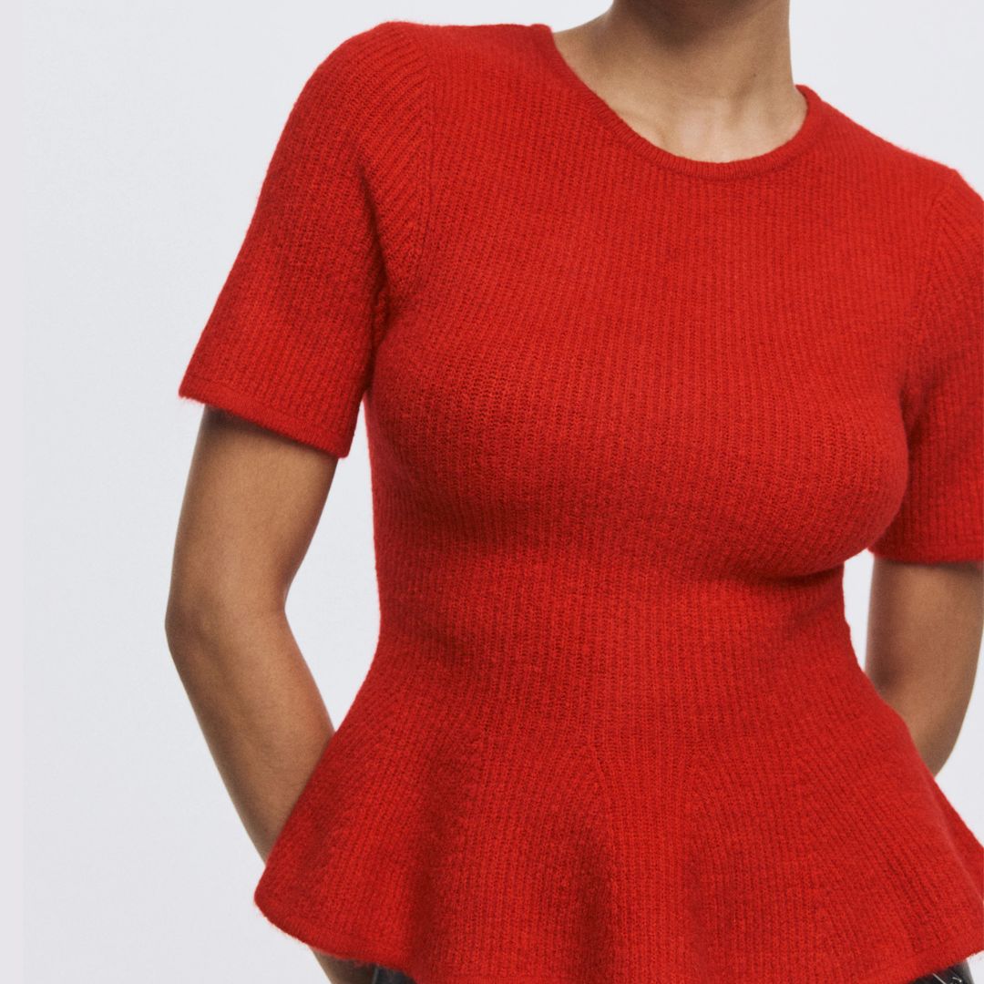 H&amp;amp;M Red Ribbed Knitted Peplum Top