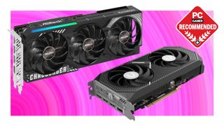 A collage of two graphics cards from ASRock and Zotac against a vibrant pink background, with a PC Gamer Recommended logo in the top right corner.