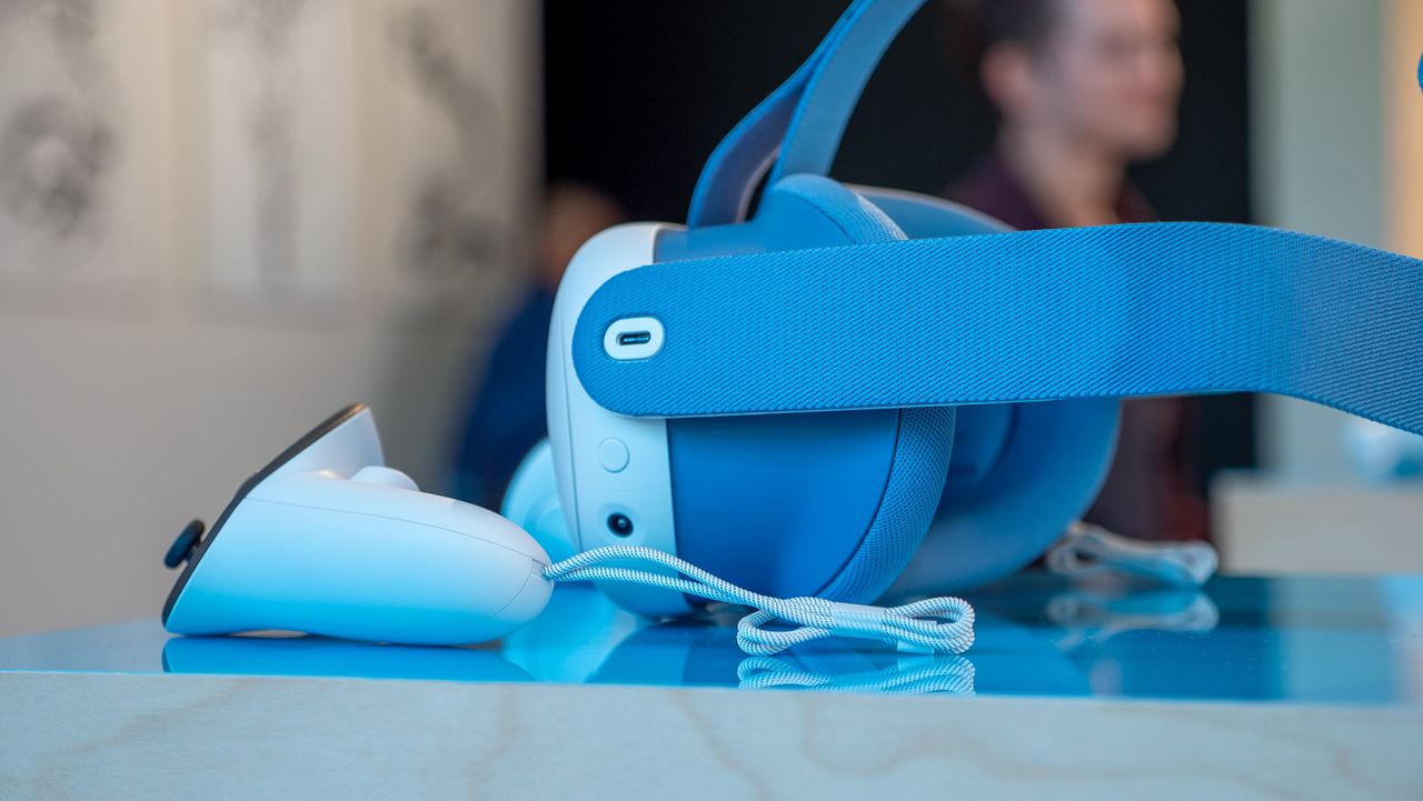 The USB-C port and power button on the left side of the Meta Quest 3