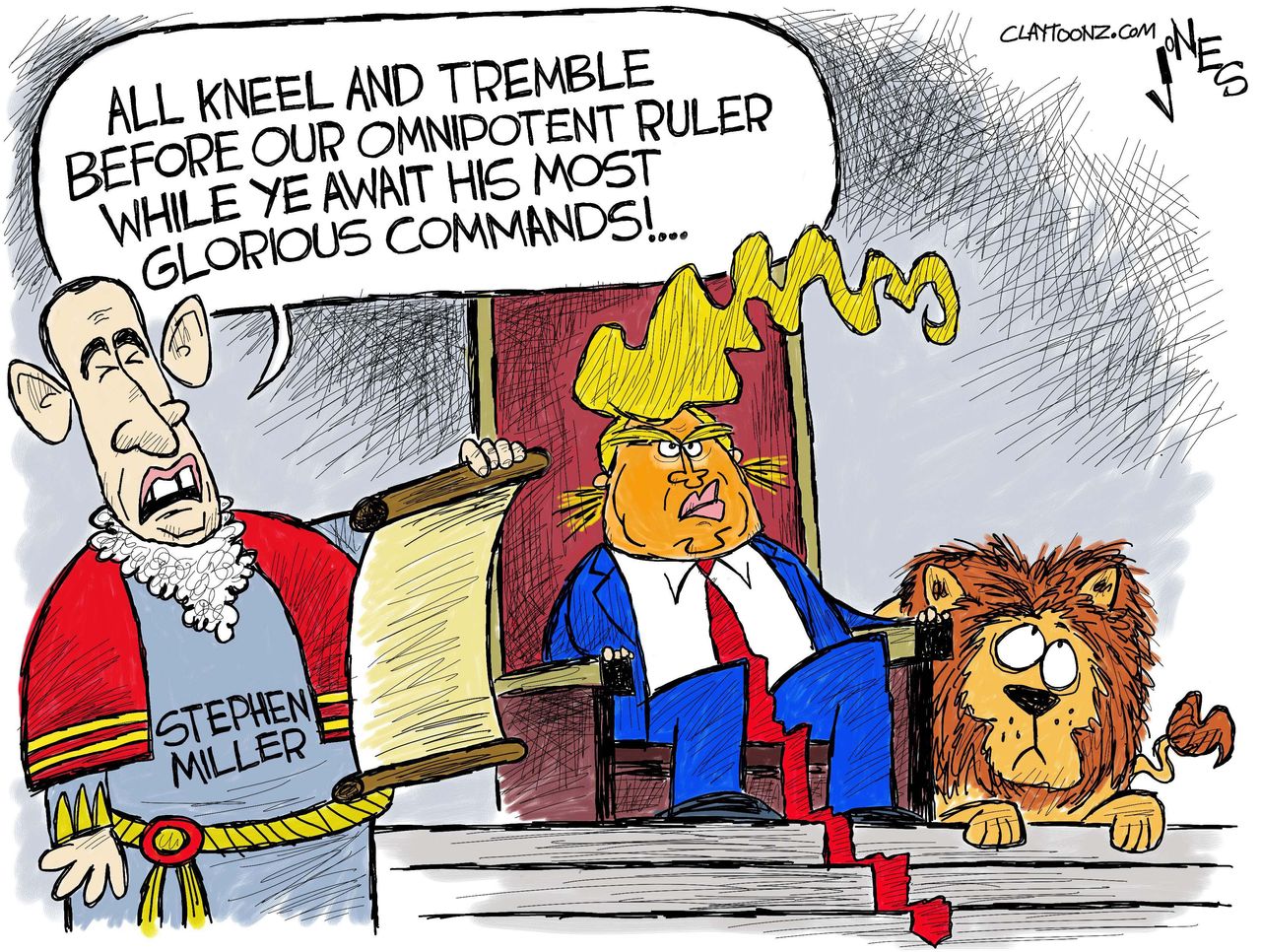 Political Cartoon U.S. President Trump king Stephen Miller