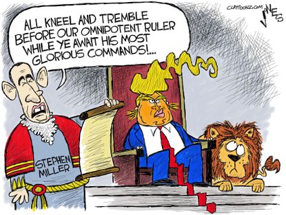 Political Cartoon U.S. President Trump king Stephen Miller