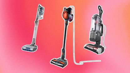 Prime Day Shark deals are worth snapping up. Here are three of these vacuums - a silver and blue cordless, a black and orange corded stick vacuum, and a black and silver upright vacuum, on a red and orange background