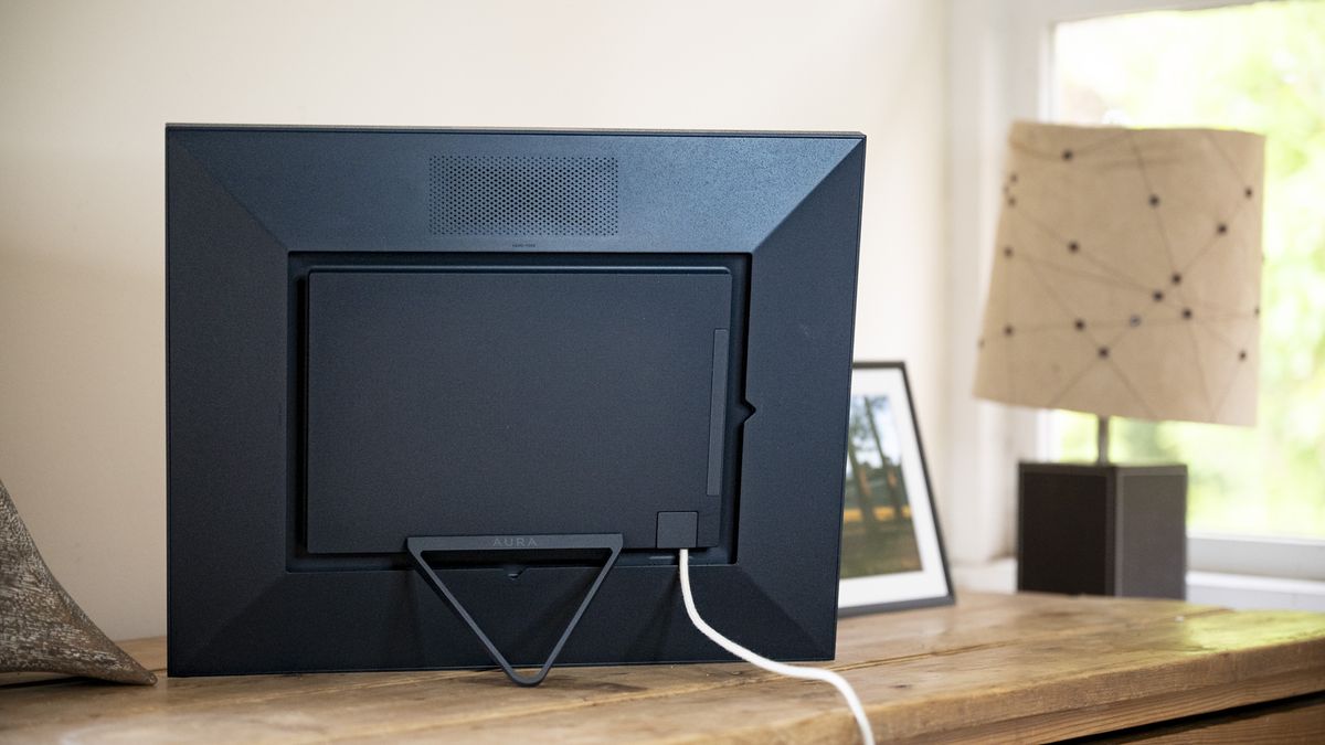 Rear of the Aura Walden digital photo frame on a wooden sideboard