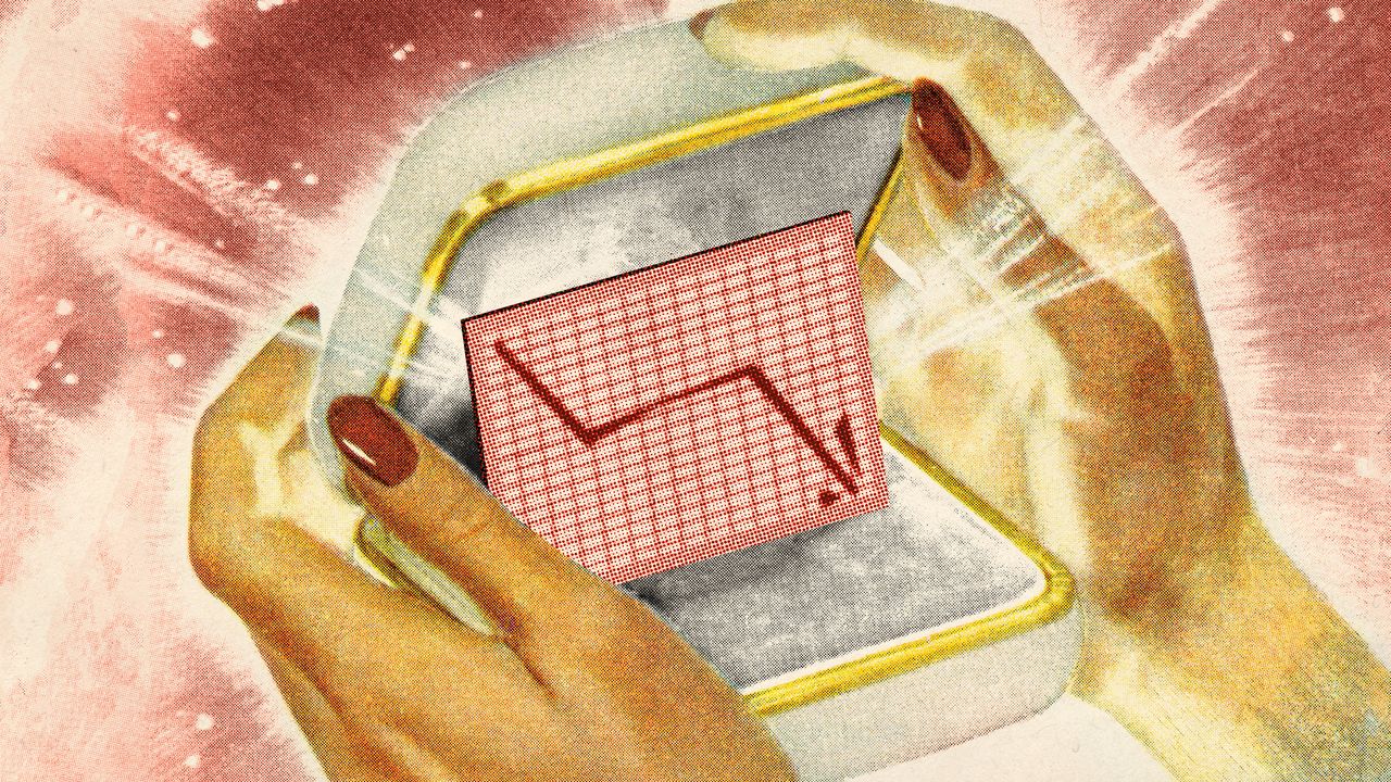 Illustrative collage of a woman&#039;s hands opening a jewellery box. Inside, there is a chart showing crashing stocks.