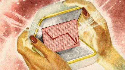 Illustrative collage of a woman's hands opening a jewellery box. Inside, there is a chart showing crashing stocks.