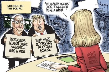 Political cartoon U.S. right wing cable news protesters mob Brett Kavanaugh George Soros Trump Mitch McConnell